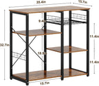 soges 3-Tier Kitchen Baker's Rack, Compact Microwave Stand, Rustic Brown | Space-saving for Apartments, Kitchen, Pantry, Living Room, Sliding Storage Basket, 5 Hooks, Sturdy X-Frame, Easy Assembly