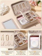Velvet Travel Jewelry Box with Large Mirror, Double-Layer Jewelry Organizer Case for Women and Girls, Portable Storage Case with 6 Anti-Tarnish Bags Gift Ready for Her (Beige)
