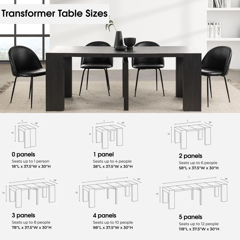 Transformer Table Solid Wood Extendable Dining Table, Black | Seats 2-12, Exp...