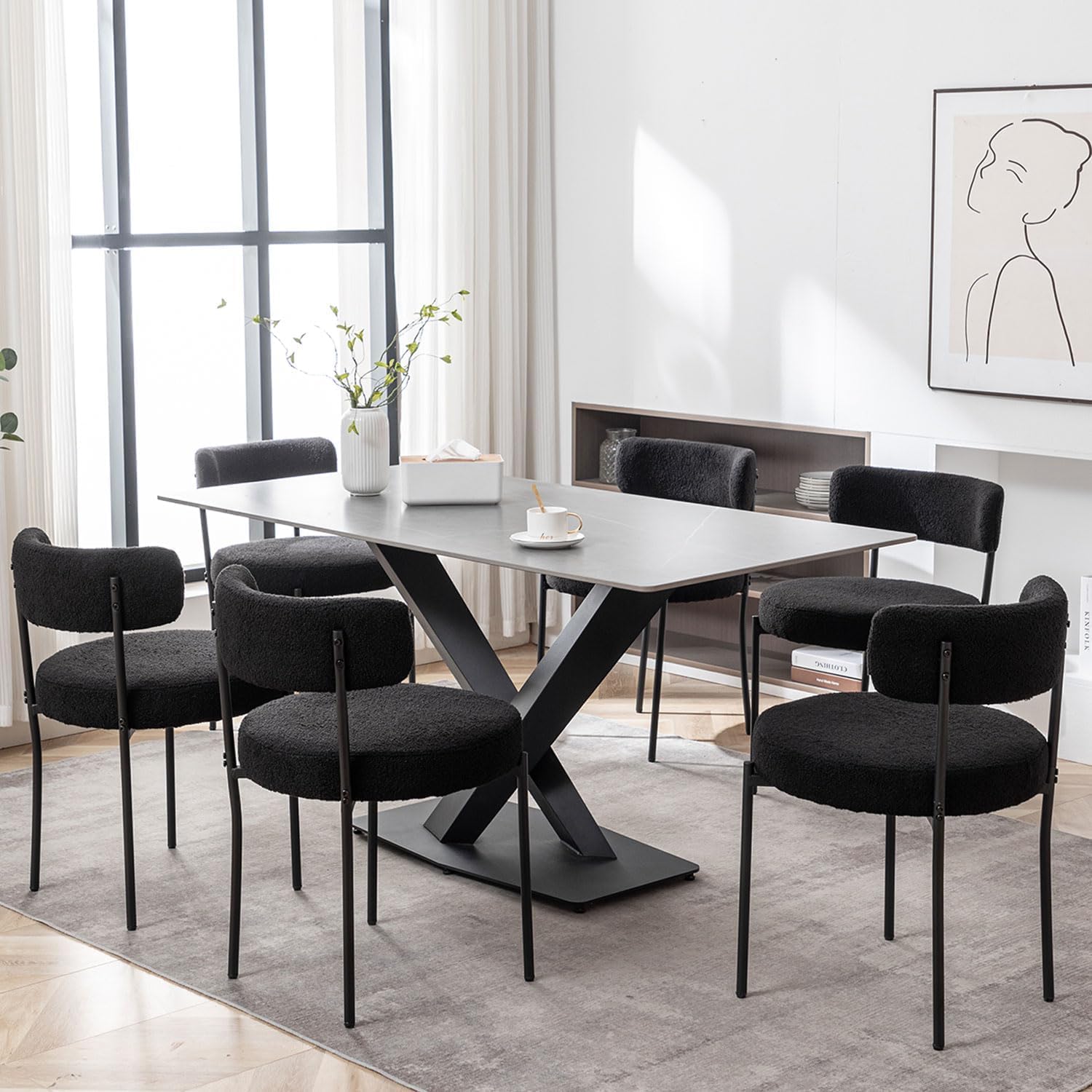 Cinxzar Black Boucle Dining Chairs Set of 4, Upholstered Dining Chairs with Black Metal Legs, Round Modern Dining Chair for Dining Room