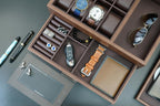 Men's Jewelry Box Organizer - 8 Watch Slots Valet Tray with Drawer for Watch, Phone, Wallet, Ring, Cufflink - Brown
