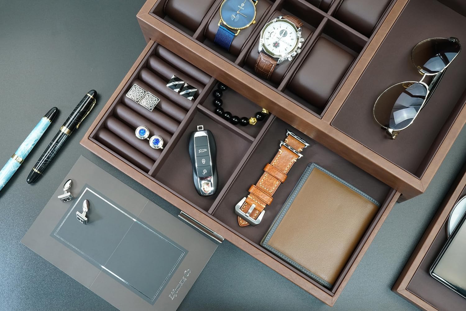 Men's Jewelry Box Organizer - 8 Watch Slots Valet Tray with Drawer for Watch, Phone, Wallet, Ring, Cufflink - Brown