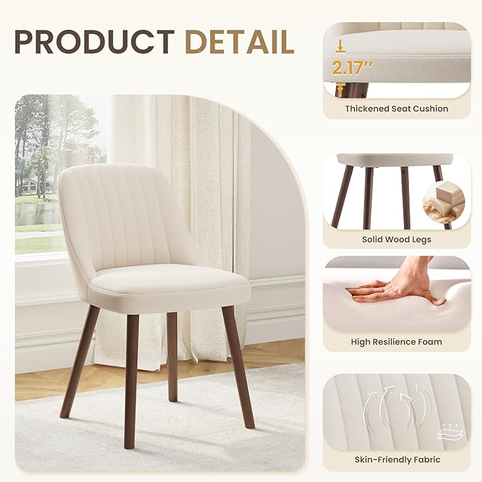 Upholstered Dining Chairs Set of 2, Modern Fabric Kitchen Chairs with Back, W...