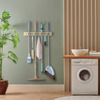 Mop and Broom Holder Wall Mount - Light Wood Broom Mop Hanger - Wall Mounted Garden Tool Rack Organizer for Closet Garage Laundry Room Kitchen With 4 Slots & 4 Hooks