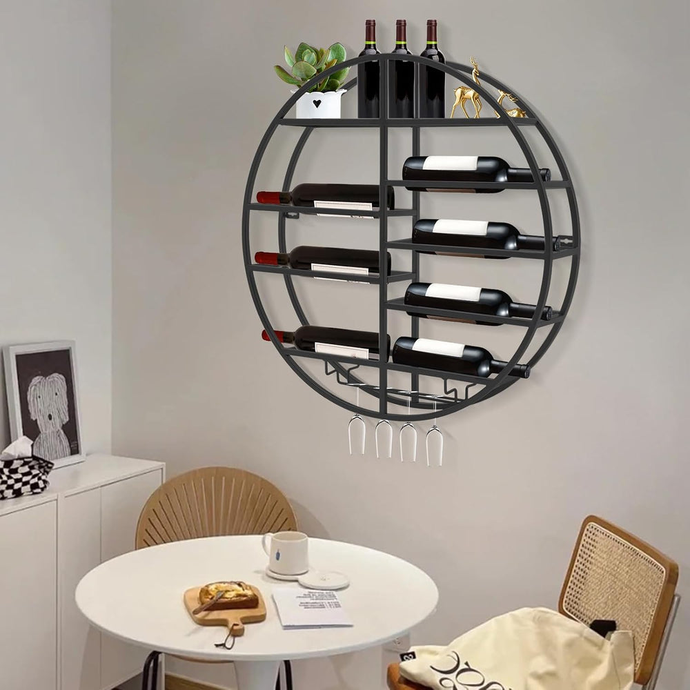 Round Wall Mounted Wine Rack with Wine Glass Shelf Goblet Holder- 23.6 Inch F...