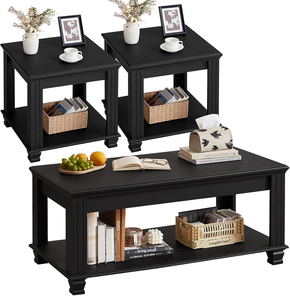 SAVOR LIFE Farmhouse Coffee Table Set of 3, Black | Rustic Wood 3 Piece Coffe...