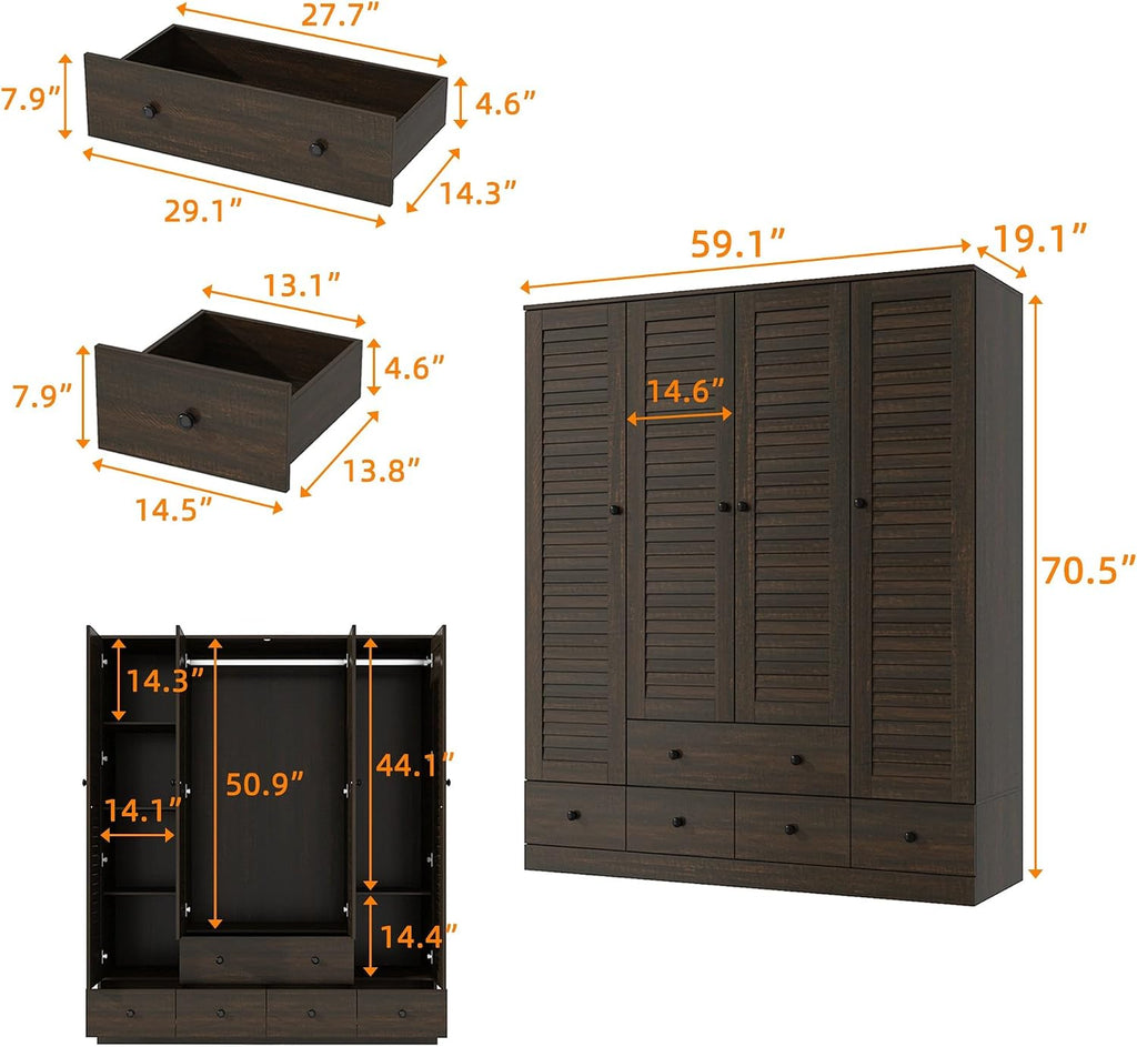 Almirah for Clothes, Tall Brown Bedroom Storage Wardrobe Closet Cabinet with Louvered Doors and Shelves, Large Wide Standing Wardrobe Clothes Closet with Hanging Rod and Drawers for Bedroom