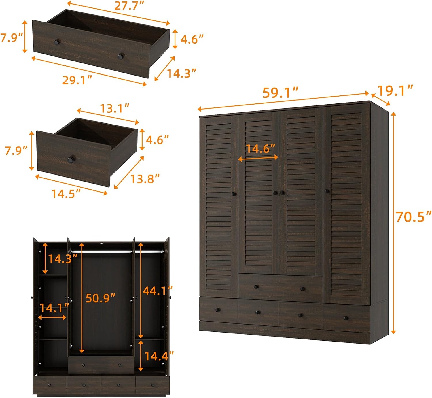 Almirah for Clothes, Tall Brown Bedroom Storage Wardrobe Closet Cabinet with Louvered Doors and Shelves, Large Wide Standing Wardrobe Clothes Closet with Hanging Rod and Drawers for Bedroom