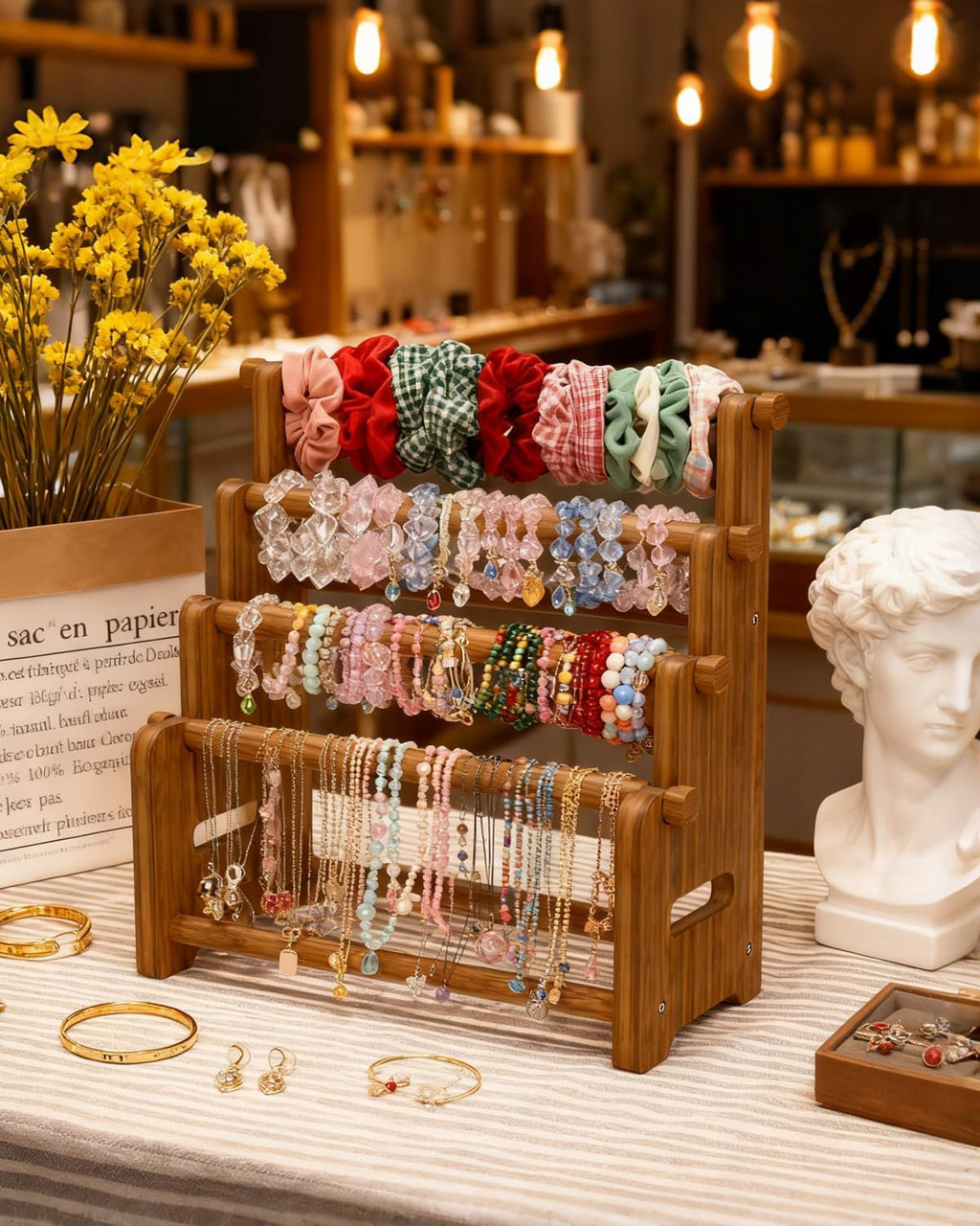 NEEKFOX Wooden Bracelet Holder, 4 Tier Jewelry Bracelet Display Stand, Bracelet Organizer Storage for Bracelets Bangles Scrunchies, Jewelry Organizer Display for Home, Vendors, Craft Shows and Store