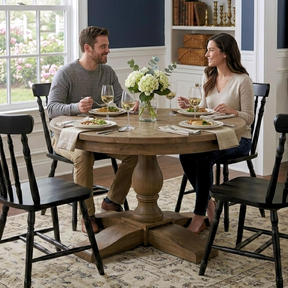 47" Round Dining Table with Wooden Pedestal Base, Antique Pine Wood Dinn...