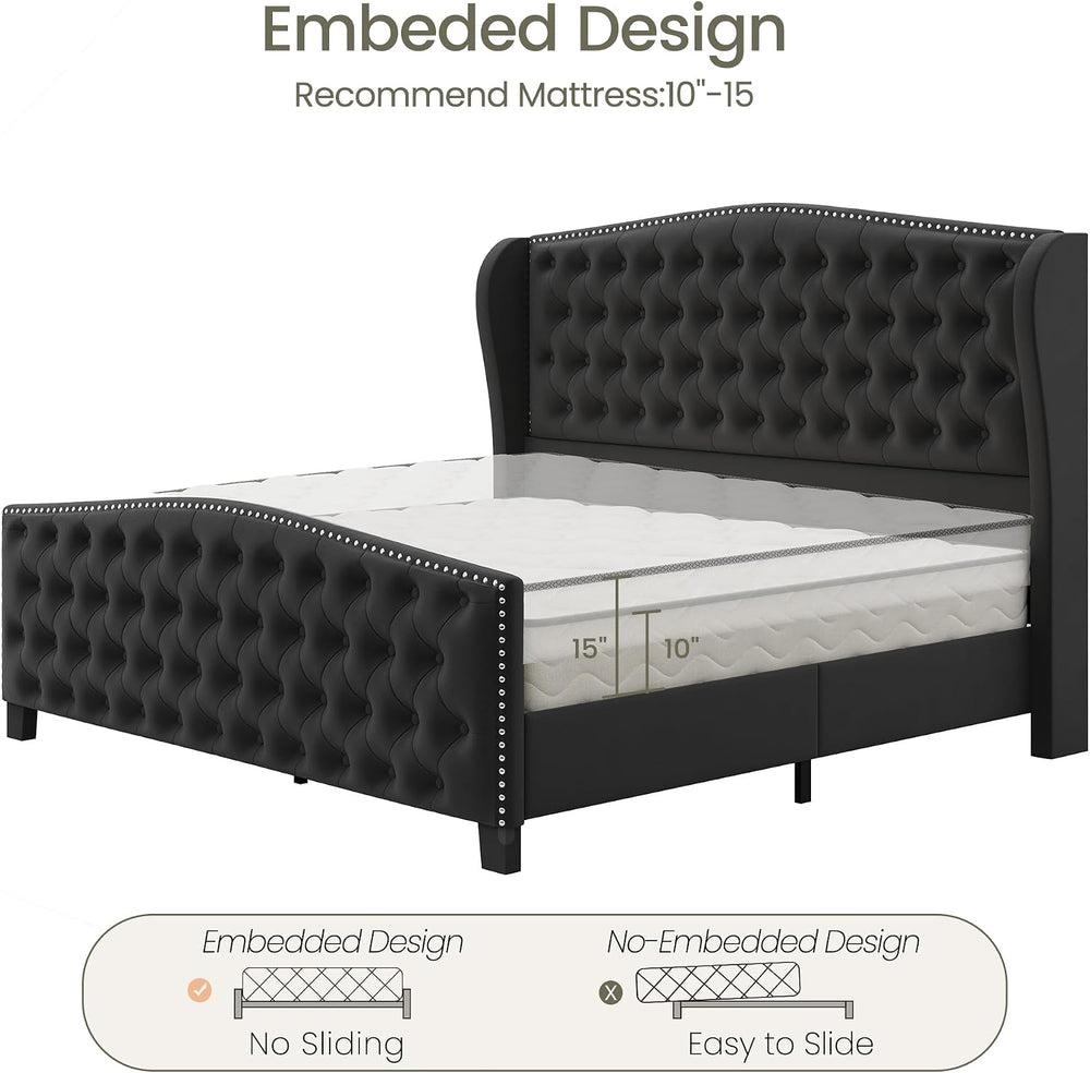 LARMACE King Size Bed Frame Velvet Upholstered Platform Bed with Wingback Hea...