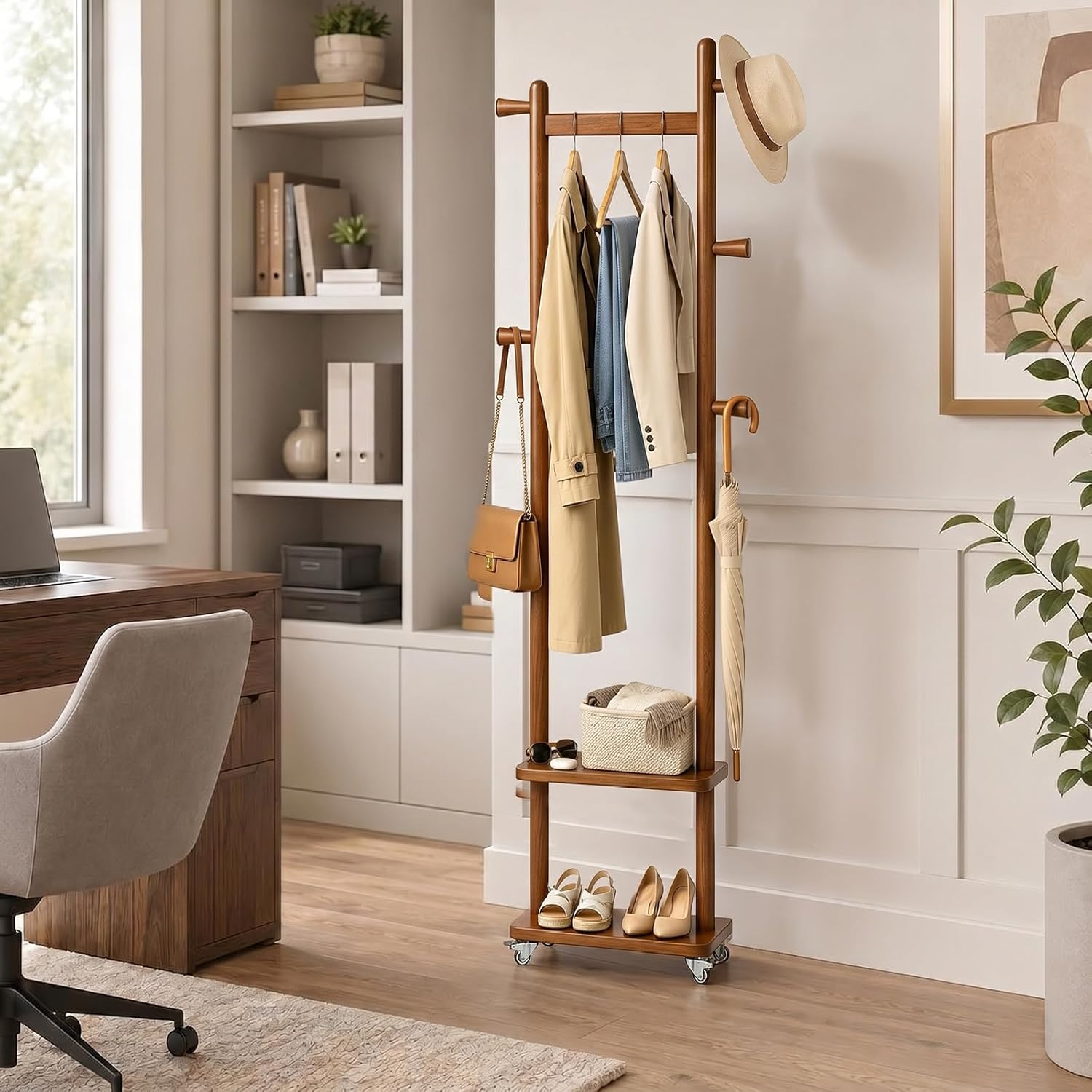 Solid Wood Coat Rack Freestanding Clothing Rack with Wheels & 2 Shelves Storage & 5 Hooks Heavy Duty Clothes Rack Wood Coat Tree Stand Hat Hanger Rack for Corner Bedroom Entryway Living Room Hotel
