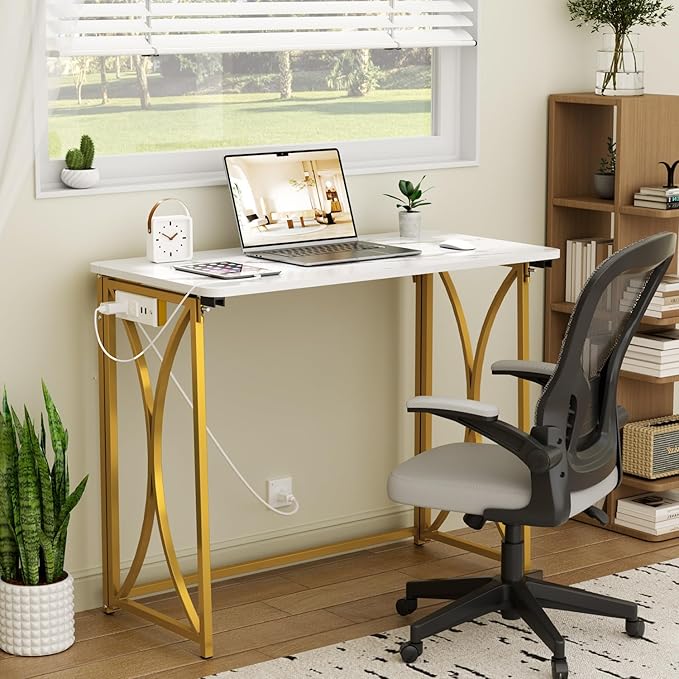 Folding Desk, 31.5" Small Desk for Bedroom with Power Outlet, Space Saving Foldable Computer Desk for Home Office, Easy Assembly, White and Gold