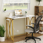 Folding Desk, 31.5" Small Desk for Bedroom with Power Outlet, Space Saving Foldable Computer Desk for Home Office, Easy Assembly, White and Gold