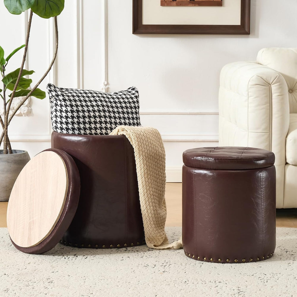 Royal Windsor Round Ottoman with Storage Set of 2, Faux Leather Button Tufted...