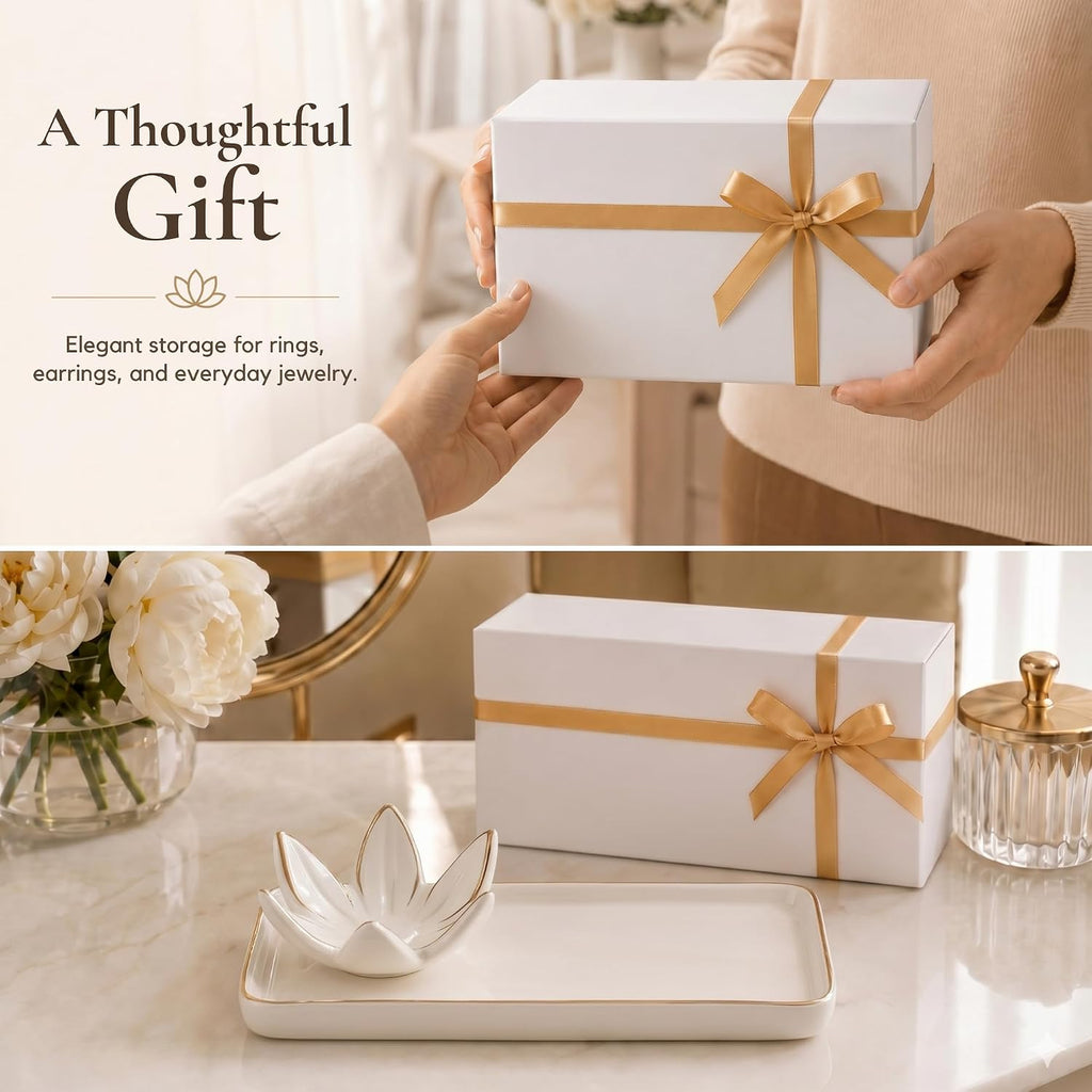 Mystic Touch Ceramic Jewelry Dish with Flower Ring Holder [Golden Trim]
