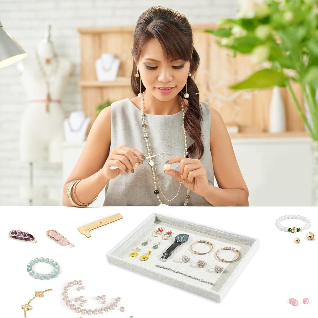 2pcs/Set Velvet Jewelry Tray, Grids Large Storage Tray for Bracelet Bangle Beads Display, Jewellery Organizer Box Tray for Home Drawer or Shop Store Selling Show (Grey Velvet)