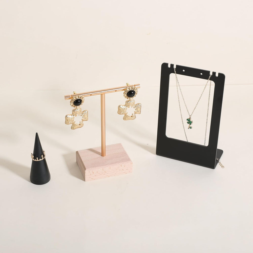 GemeShou earrings T display stands for selling, small earring holder jewelry stand with 4 holes on bar, wood earring hanger for boutique display【Beech】
