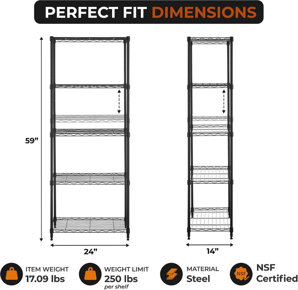 5-Tier Metal Shelf, 250 lb/Shelf, NSF, Black, 14x24x59 in | NSF certified for food-safe pantry, kitchen and commercial prep areas
