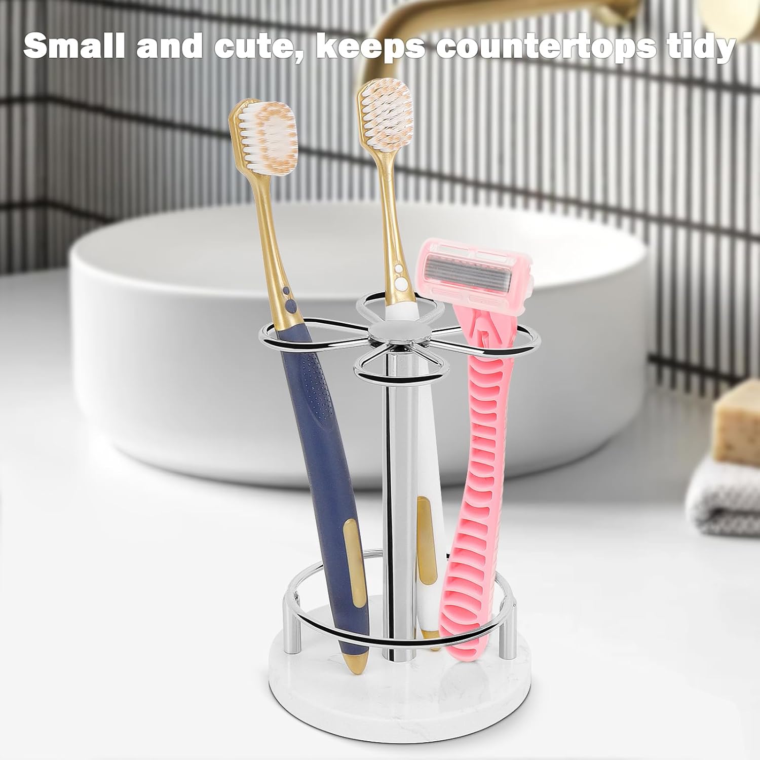 HarJue Toothbrush Holder Stand for Bathroom, Metal Toothbrush Organizer with Marble Base, Toothbrush Storage Collection for Family, Suitable for Home Hotel Countertop Vanity (Small, Chrome Finish)