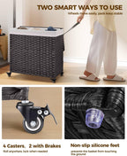 Greenstell Laundry Hamper with Wheels&Lid, 130L Large 3 Sections Clothes Hamper with 2 Types Removable Liner Bags, 5 Mesh Laundry Bags, Handwoven Divided Laundry Basket Black