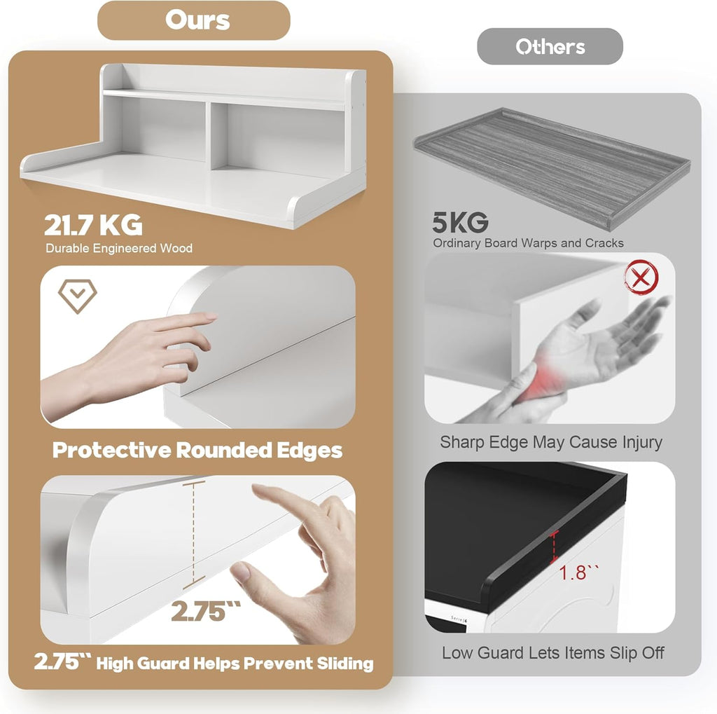 2-Tier Washer Dryer Countertop, 18.5" Raised Height Laundry Countertop with Edge Rails and Non-Slip Pad, 54"W x 27.55"D Washer and Dryer Topper for Laundry Room Storage Organization (White)