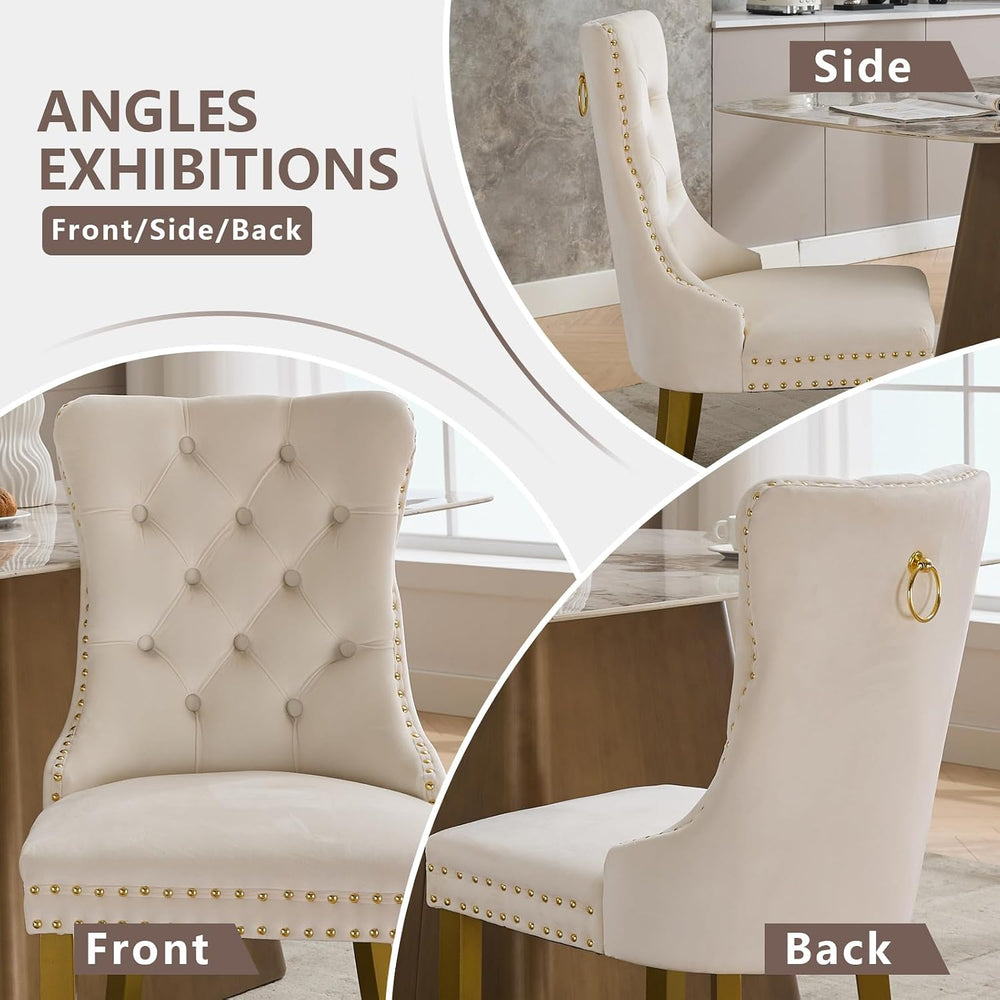 Cream Velvet Dining Chairs Set of 2, Ring Pull, Golden Solid Wood Legs