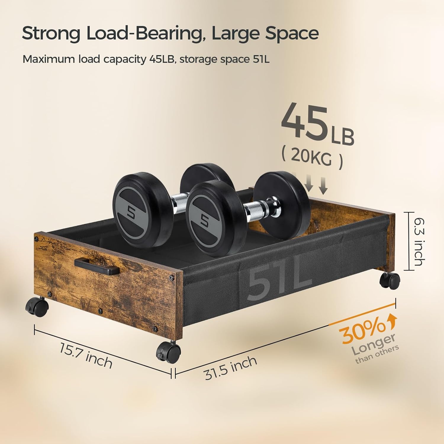 Under Bed Storage with Wheels, Wooden Under Bed Drawers On Wheels, Rolling Under Bed Shoe Storage, Space Saving, Rustic Brown,50L