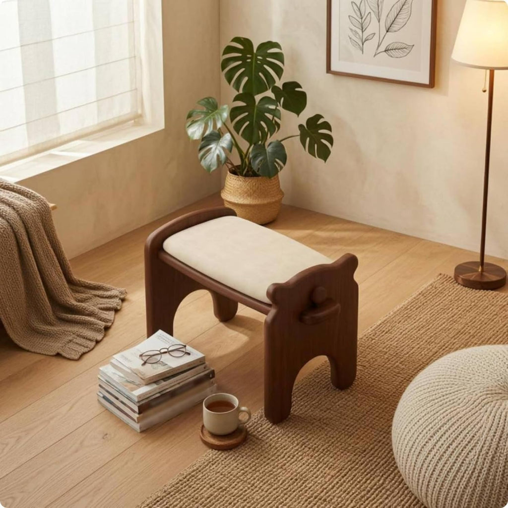 Composite Footstool Dog Shaped Stool Ottoman Bench Seat Low Stool Footrest with Sturdy Rubberwood Base Padded and Rounded Edges Suitable for Apartments dorms Small, Walnut