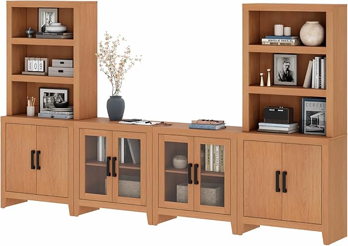 WAMPAT Entertainment Center with Bookshelves, 4-Piece Modular TV Stand with Storage Towers, Farmhouse Media Console with Glass Doors for Living Room, Bedroom, Mocha