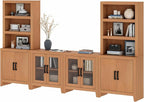 WAMPAT Entertainment Center with Bookshelves, 4-Piece Modular TV Stand with Storage Towers, Farmhouse Media Console with Glass Doors for Living Room, Bedroom, Mocha
