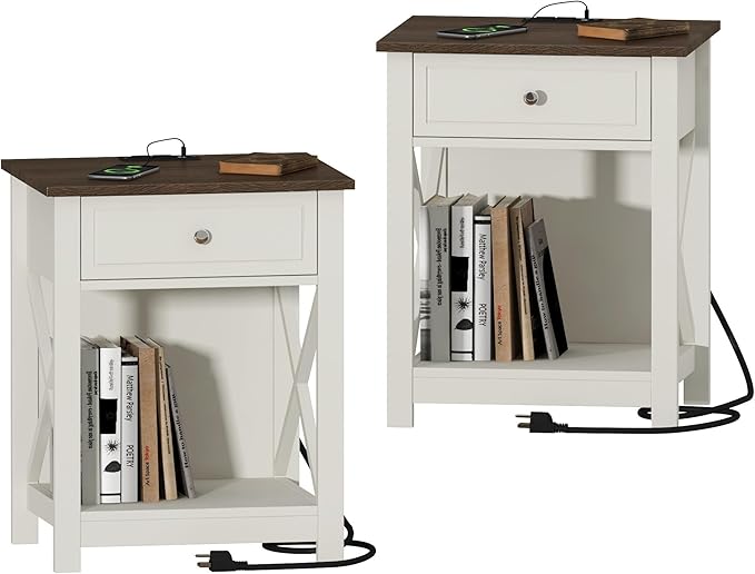 Treocho Farmhouse End Table Set of 2,Nightstand with Charging Station, X-Design Side Table with 2 AC and USB Power Outlets, Small Night Stand with Storage Drawer and Open Shelf for Living Room