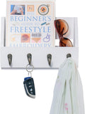 Flintar Wall Mounted Key and Mail Holder with 4 Hooks. Made of Solid Wood. Use as Key Rack, Entryway or Mudroom Organizer, Mail Sorter, Magazine Holder, Bill Sorter, Rustic Home Décor (White)
