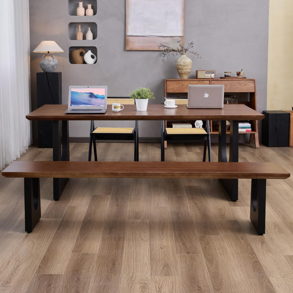 Walnut Color Long Bench Solid Wood Top Metal Legs U-Shaped Design Durable Stu...