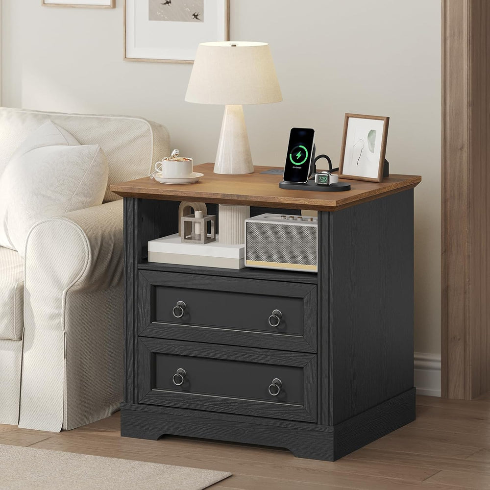 Farmhouse Nightstand with Charging Station, Wooden Bedside End Table with 2 D...