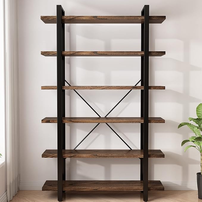 Solid Wood Bookcase and Book Shelves Wood and Metal Shelving Unit 6 Tier Book...