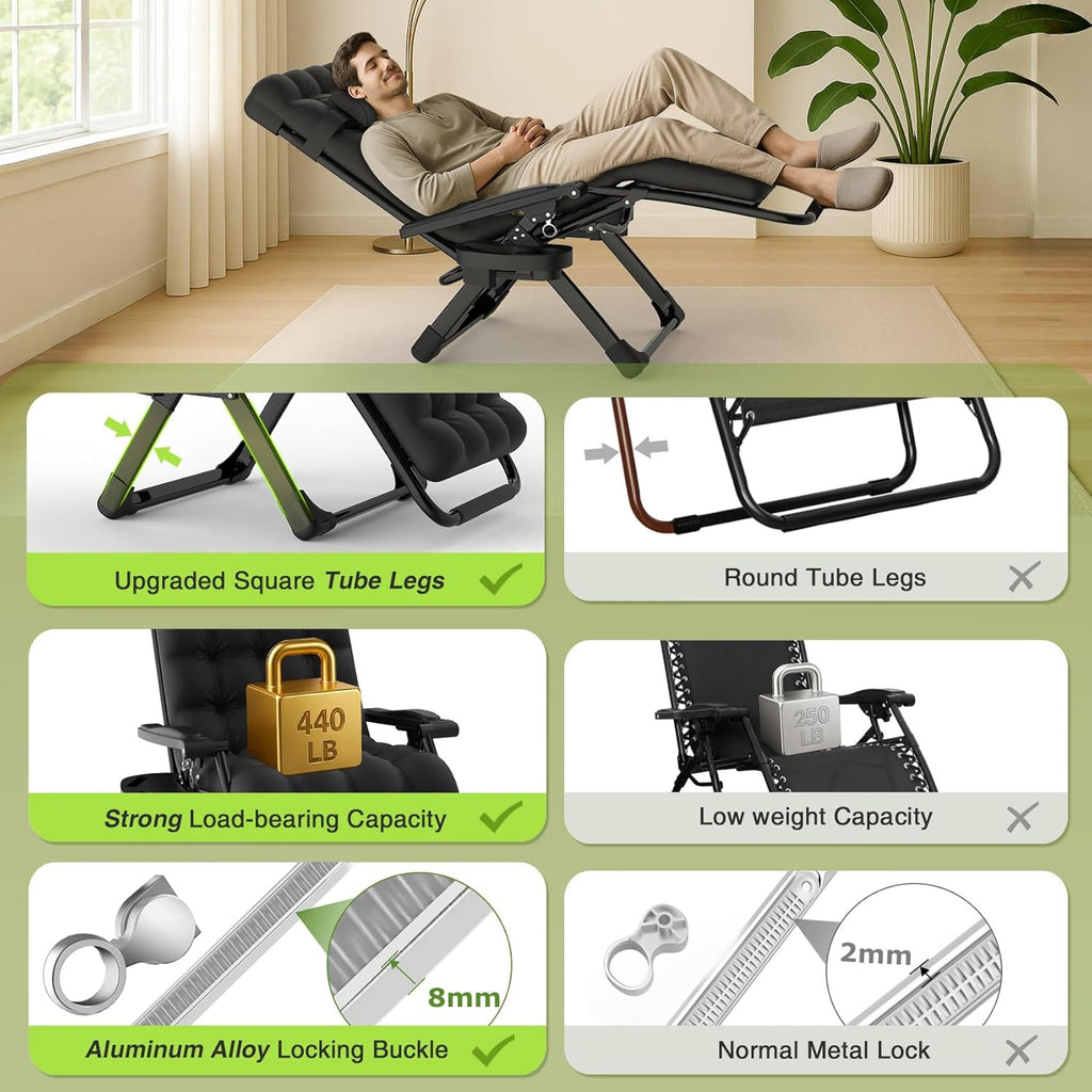 Suteck Zero Gravity Chair, Reclining Camping Lounge Chair w/Removable Cushion, Upgraded Lock and Cup Holder, Reclining Patio Chairs Folding Recliner for Indoor and Outdoor