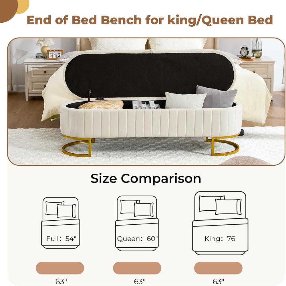 Storage Ottoman Bench, 63" Velvet End of Bed Bench Bedroom Bench King Si...