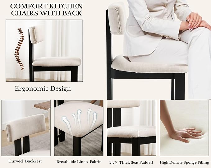 HNY Modern Farmhouse Linen Dining Chairs Set of 6, Beige Fabric Upholstered D...