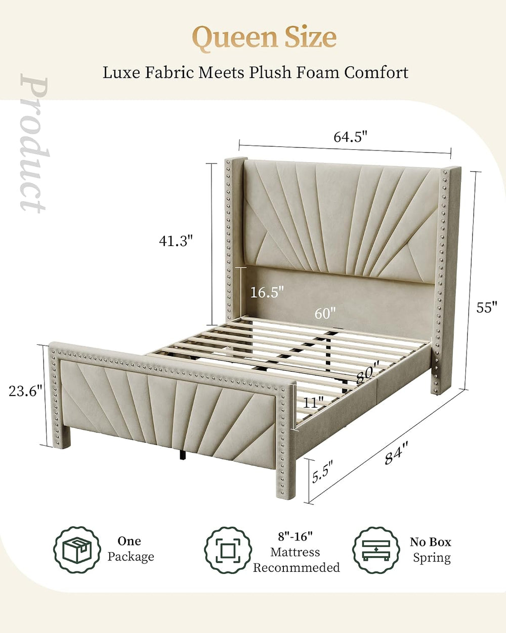 Queen Bed Frame 55" Velvet Upholstered Platform Bed, Art Deco, Cream White