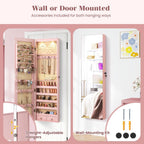 Giantex Wall Door Mounted Jewelry Armoire Cabinet with 47.5" Full Length Mirror, 2 LEDs Lockable Jewelry Organizers and Storage, Over the Door Jewelry Organizer Cabinet with 2 Drawers (Light Pink)