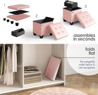 STORAGEBUD Storage Ottoman Cube with Small Bin, 16-in Square Ottoman with Storage for Living Room and Bedroom, Small Ottomans Foot Rest, Faux Leather Foot Stools Ottomans Max 330lbs, Pink