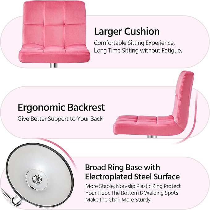 Yaheetech Pink Velvet Bar Stools, Adjustable Barstools Set of 4, Armless Swivel Counter Stools with Thickened Seat Cushion for Kitchen Island, Pink