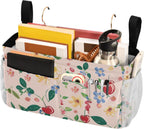 Cute Cherry Blue Flowers Bedside Caddy for Dorm Bed Bedside Hanging Caddy Bag Iron Frame Storage Organizer Pocket for Bunk Home College Hospital Beds 2 Hooks