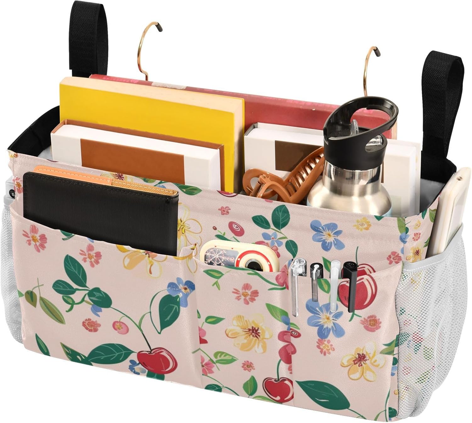 Cute Cherry Blue Flowers Bedside Caddy for Dorm Bed Bedside Hanging Caddy Bag Iron Frame Storage Organizer Pocket for Bunk Home College Hospital Beds 2 Hooks