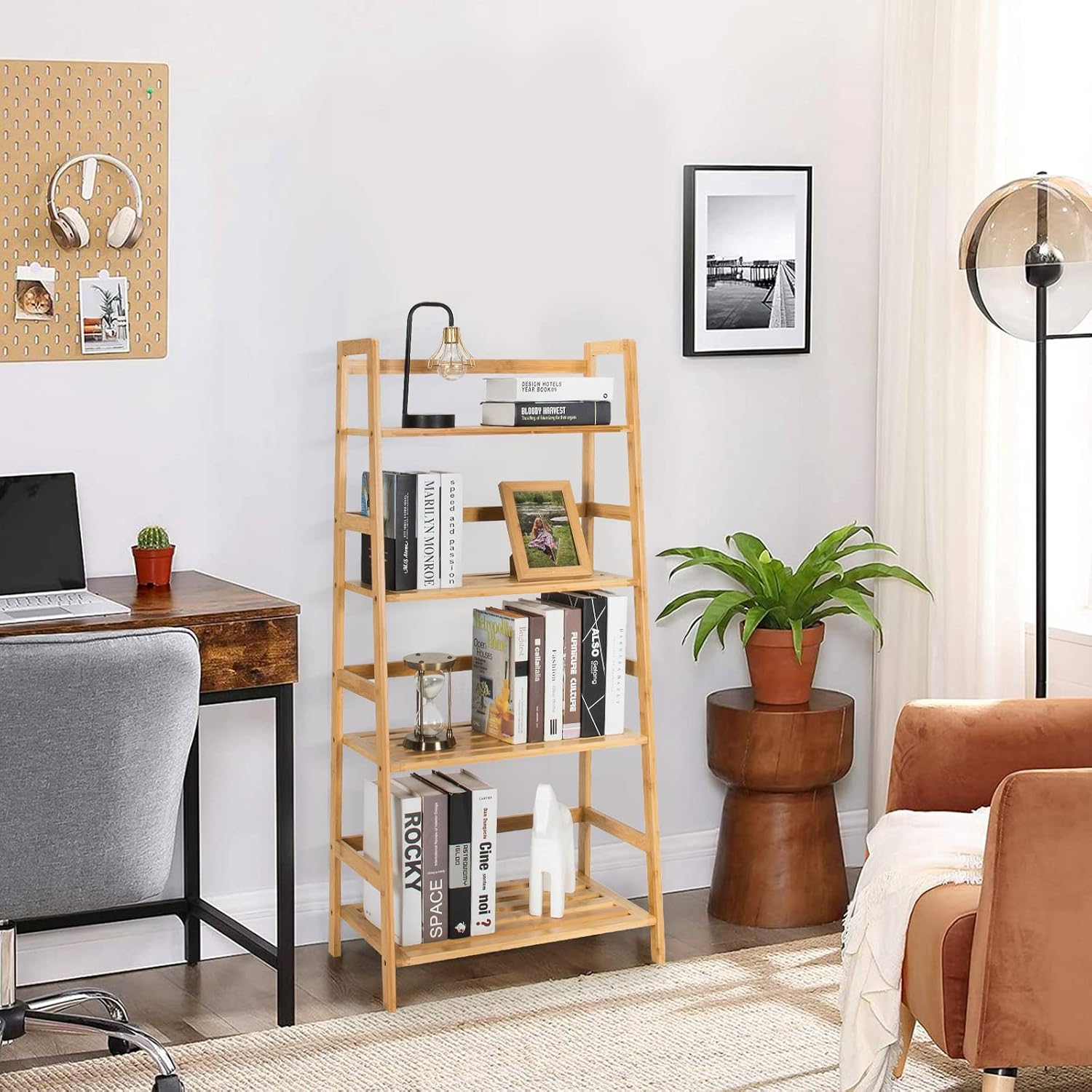 Giantex Ladder Shelf, 4 Tier Bamboo Ladder Bookshelf, 48’’ Tall Freestanding Bookcase Storage Rack Plant Stand for Living Room, Balcony, Office, Bedroom, Farmhouse Wooden Ladder Bookshelf, Natural