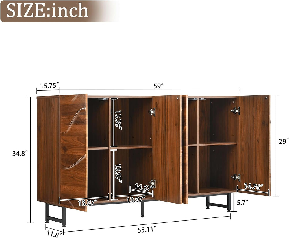 Modern Sideboard with Wave Relief Design, 59 Inch Solid Wood Storage Cabinet ...