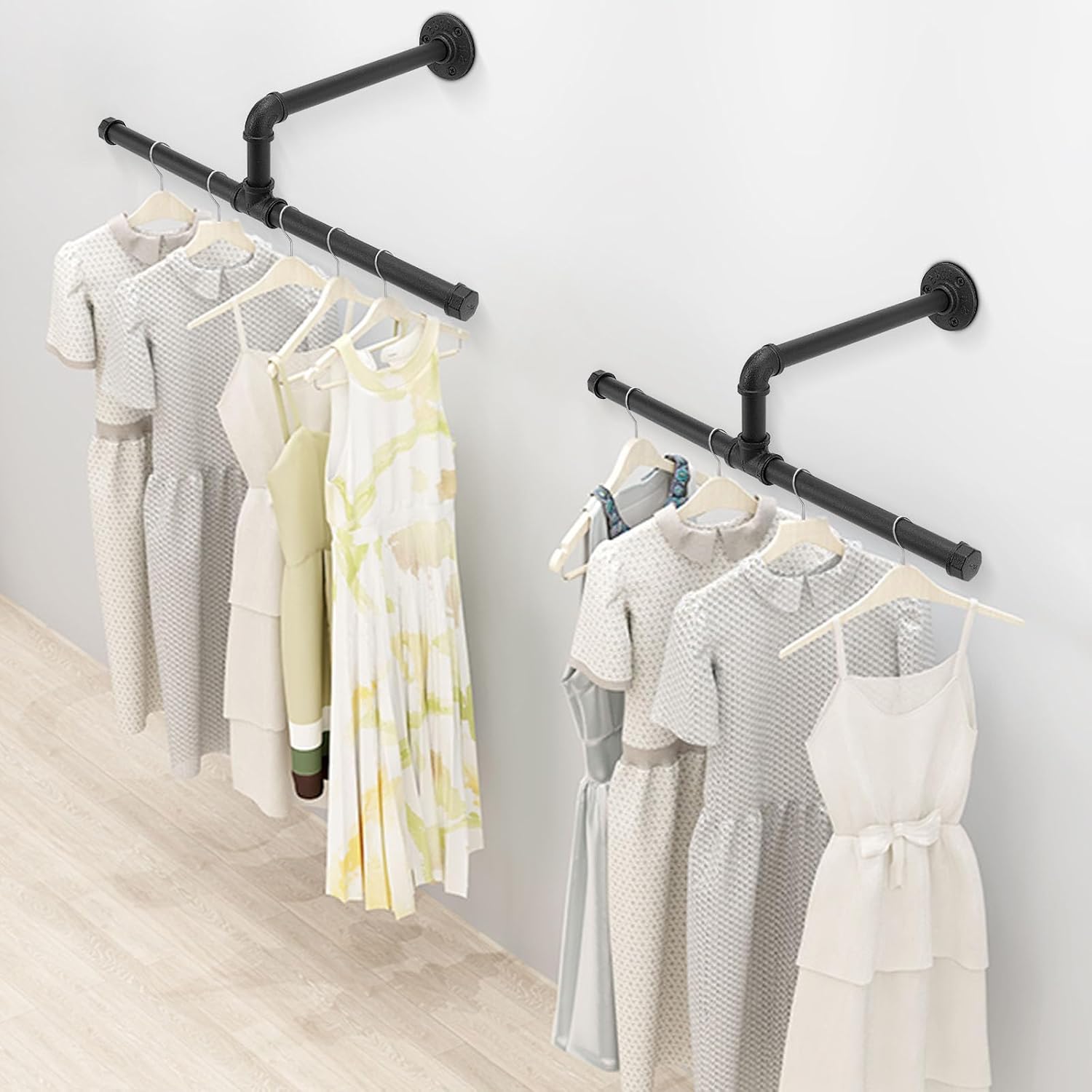 Industrial Pipe Clothes Rack Floating DIY Wall Mounted, Heavy Duty Rustic Vintage Clothing Rod, Metal Garment Bar Space-Saving Hanging for Bedroom, Bathroom and Laundry Room (Black 18 inch)