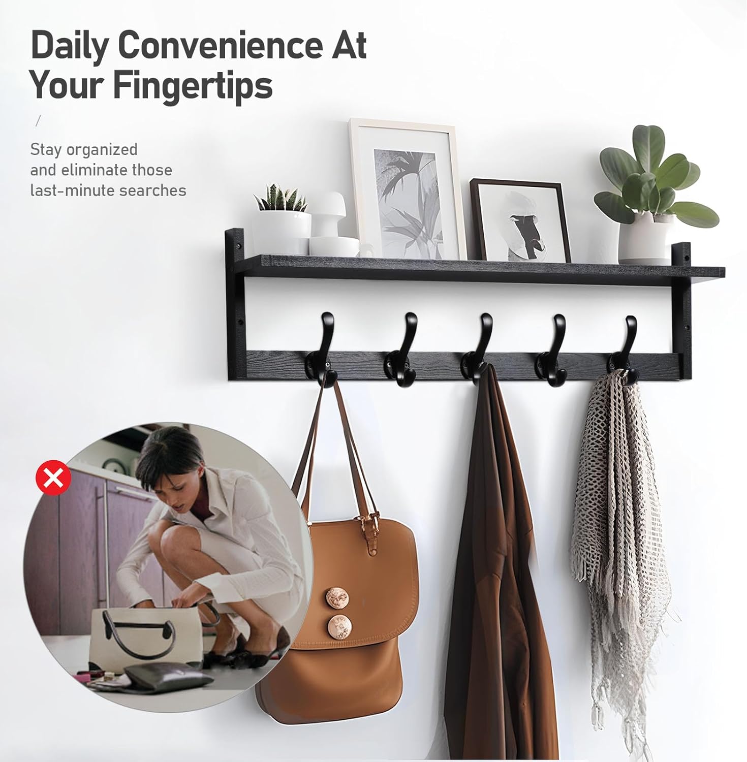 Tatub 29'' Coat Rack Wall Mount with Shelf, Wood Wall Hooks with Storage, Entryway Shelf with 5 Coat Hangers for Bathroom, Living Room, Bedroom, Black