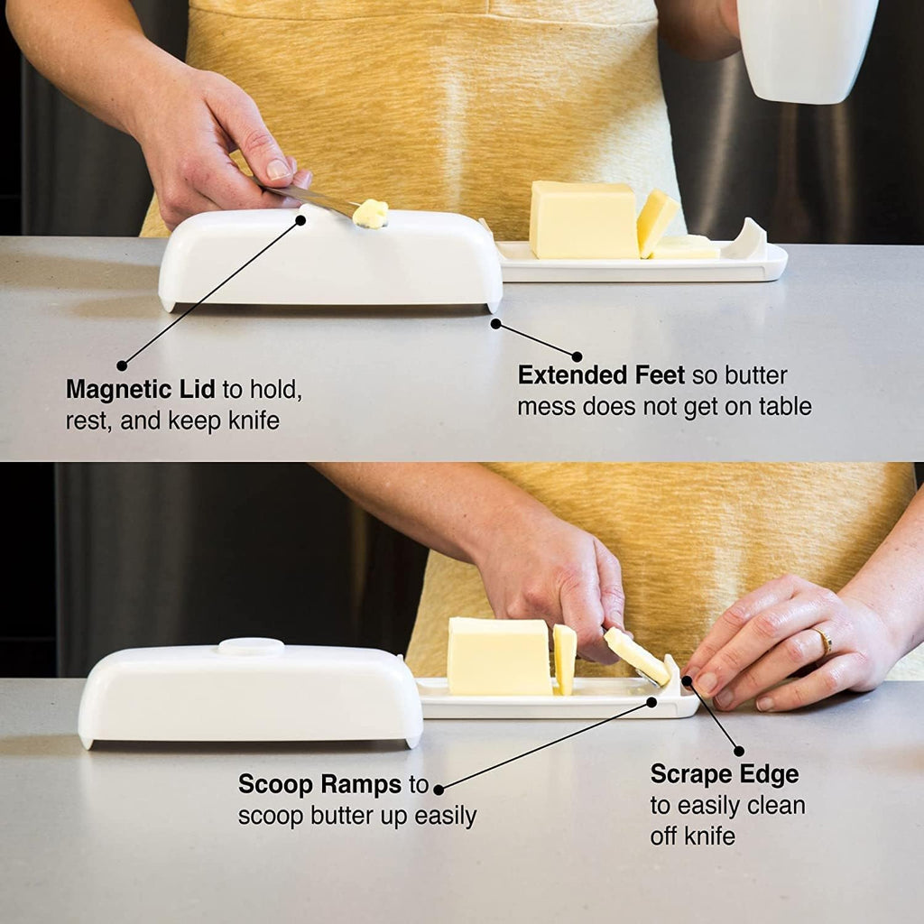 Butter Hub Extra Large Butter Dish with Lid and Knife, European Size Magnetic Butter Keeper, Easy Scoop, No Mess Lid, Plastic, Dishwasher Safe (White, European / 2 Sticks)